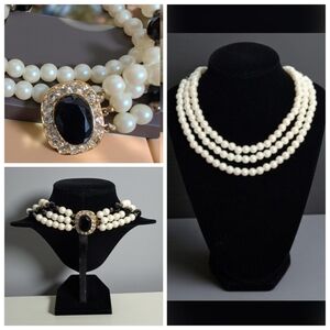 Vintage Faux Pearl Black Beaded Multi Strand Jeweled Rear Clasp Choker